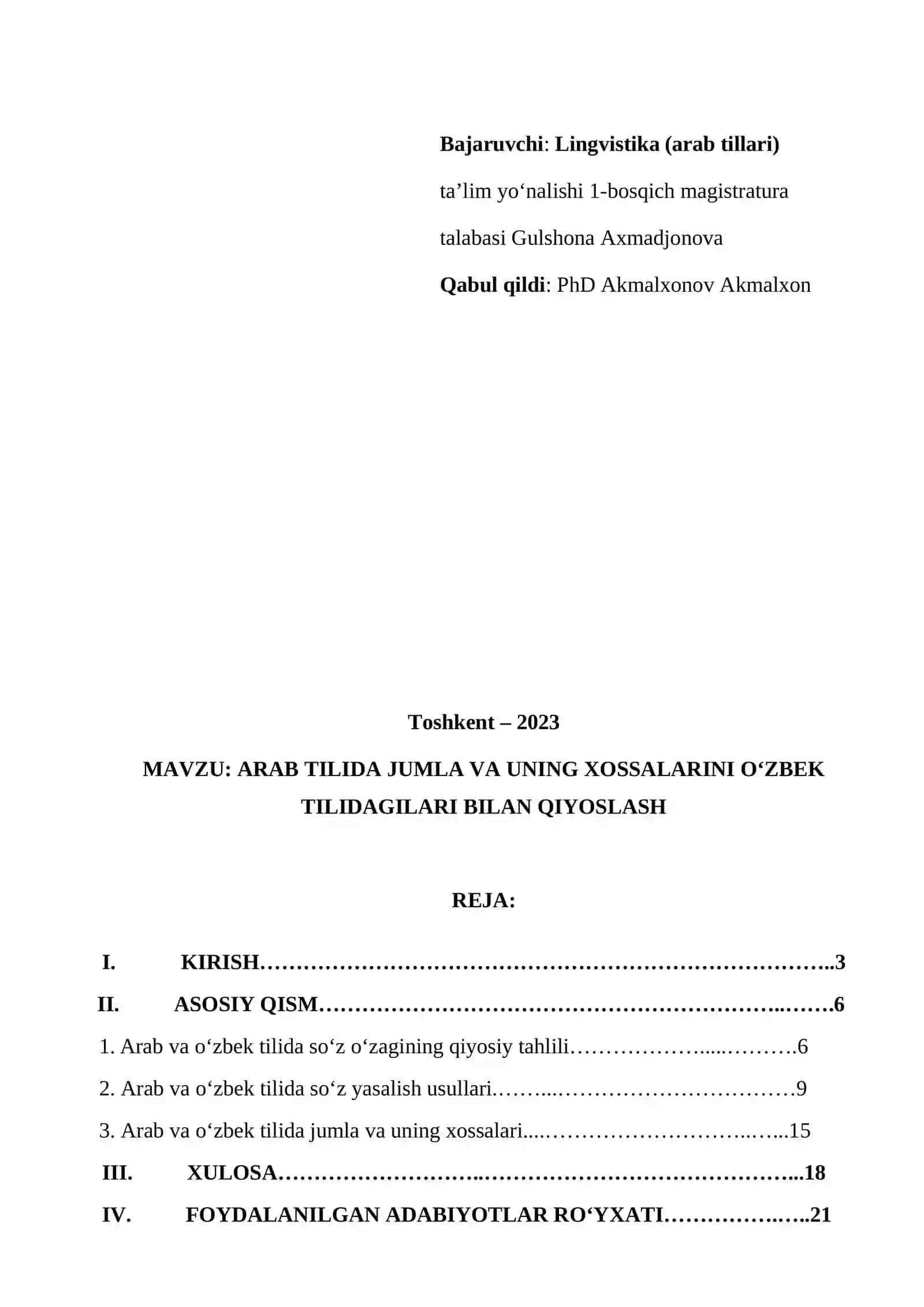 REFERAT Arab tilida jumla va uning xossalarini o'zbek tilidagilari bilan qiyoslash 2