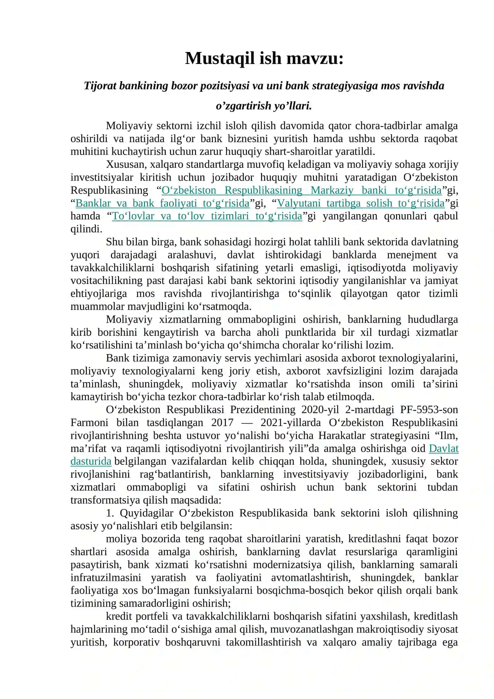Tijorat bankining bozor pozitsiyasi va uni bank strategiyasiga mos ravishda o’zgartirish yo’llari 2