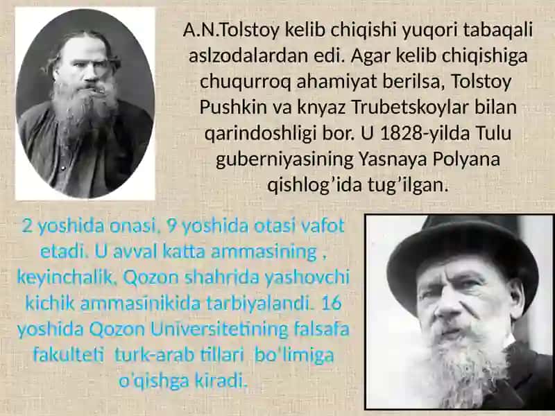 A.N. Tolstoy. Kelib chiqishi yuqori tabaqali slzodalardan edi 2