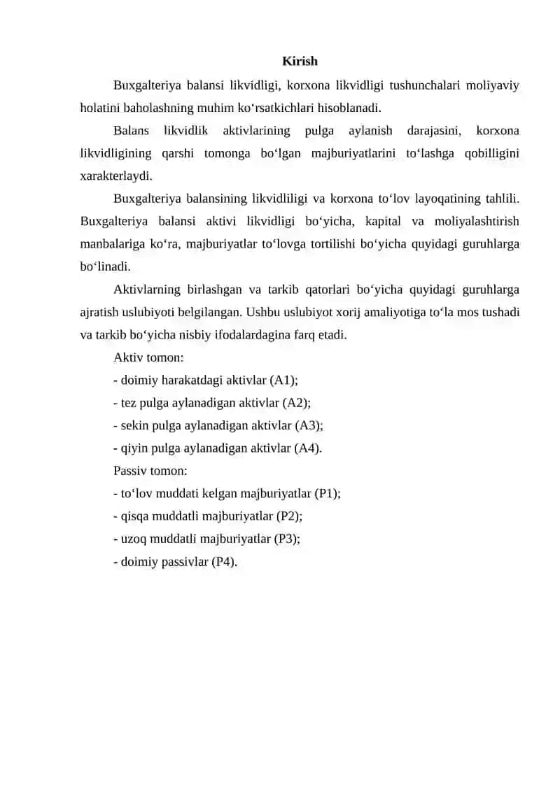 Buxgalteriya balansi moddalarining likvidlilik bo‘yicha turkumlanishi 2