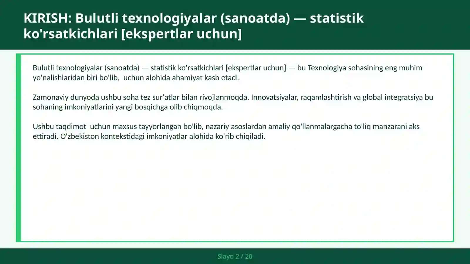Bulutli texnologiyalar (sanoatda) — statistik ko'rsatkichlari [ekspertlar uchun] 2
