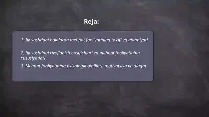 Ilk yoshdagi bolalar mehnat faoliyatining xususiyatlari taqdimot 2