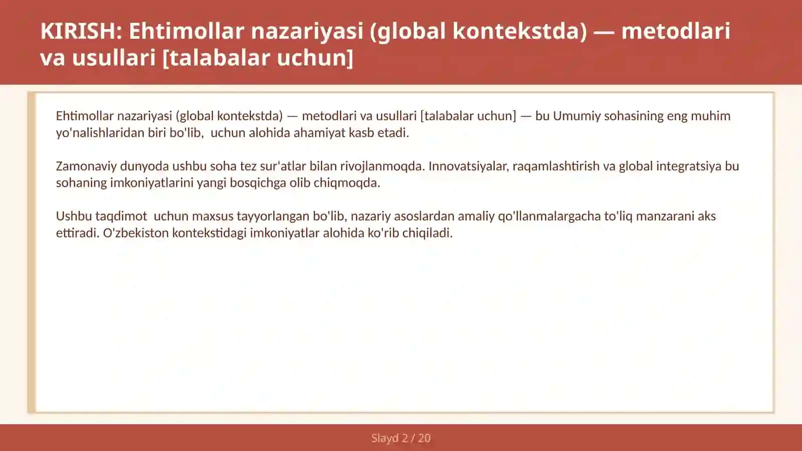 EHTIMOLLAR NAZARIYASI (GLOBAL KONTEKSTDA) — METODLARI VA USULLARI [TALABALAR UCHUN] 2