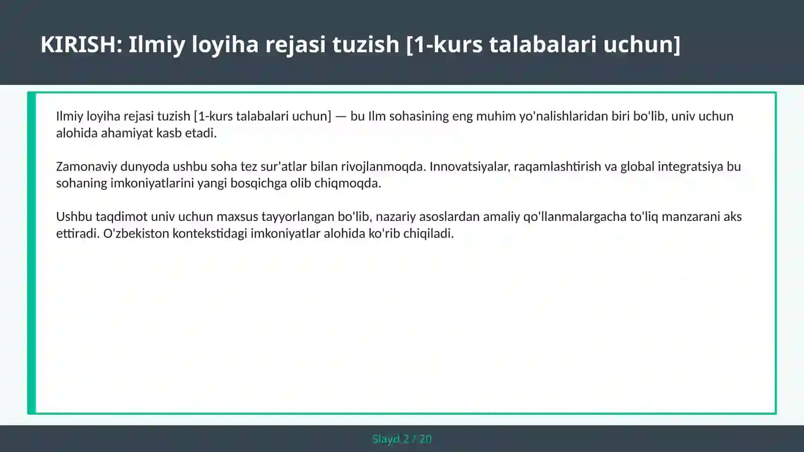 Ilmiy loyiha rejasi tuzish [1-kurs talabalari uchun] 2