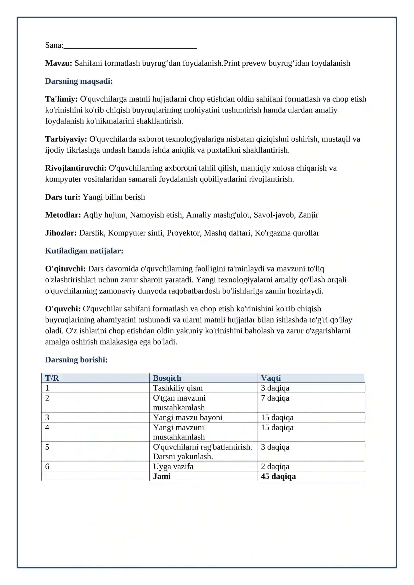 Lesson on Sahifani formatlash buyrugʻdan foydalanish.Print prevew buyrugʻidan foydalanish 2