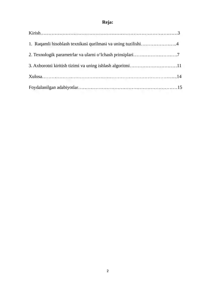Raqamli hisoplash texnikasi qurilmasida texnologik parametrlar haqidagi axborotni kiritish 2