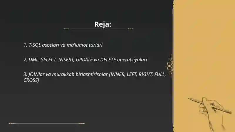 Ma’lumotlarni ustida amallar bajarish tilining (Transact SQL) 2