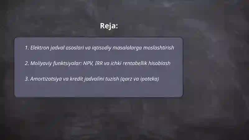 Elektron jadval protsessorlaridan iqtisodiy masalalarni yechishda samarali foydalanish 2