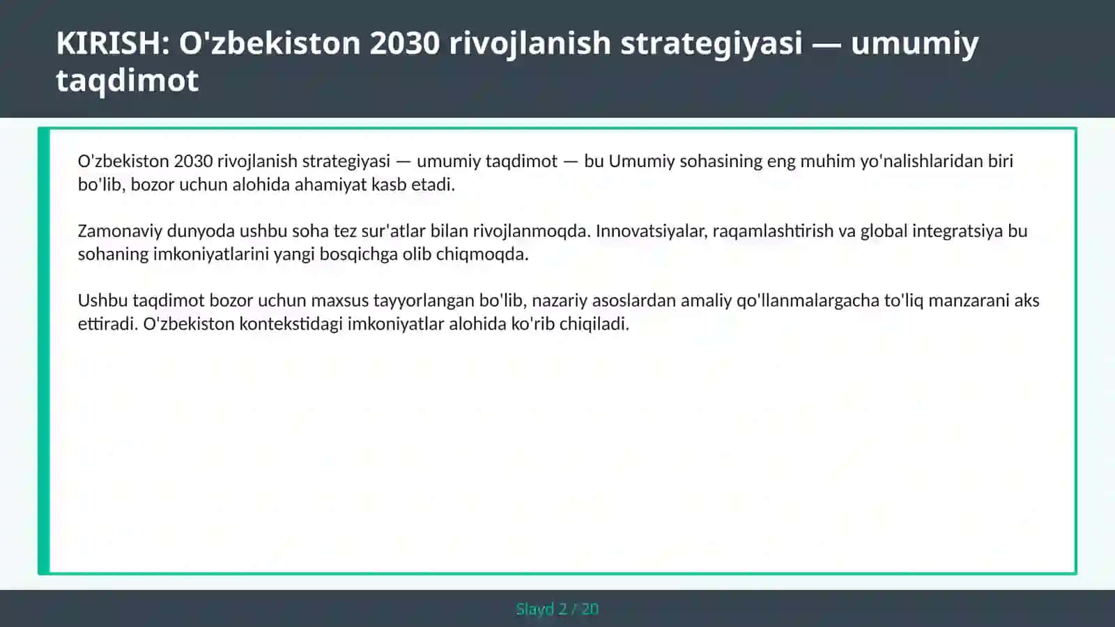 O'zbekiston 2030 rivojlanish strategiyasi — umumiy taqdimot 2