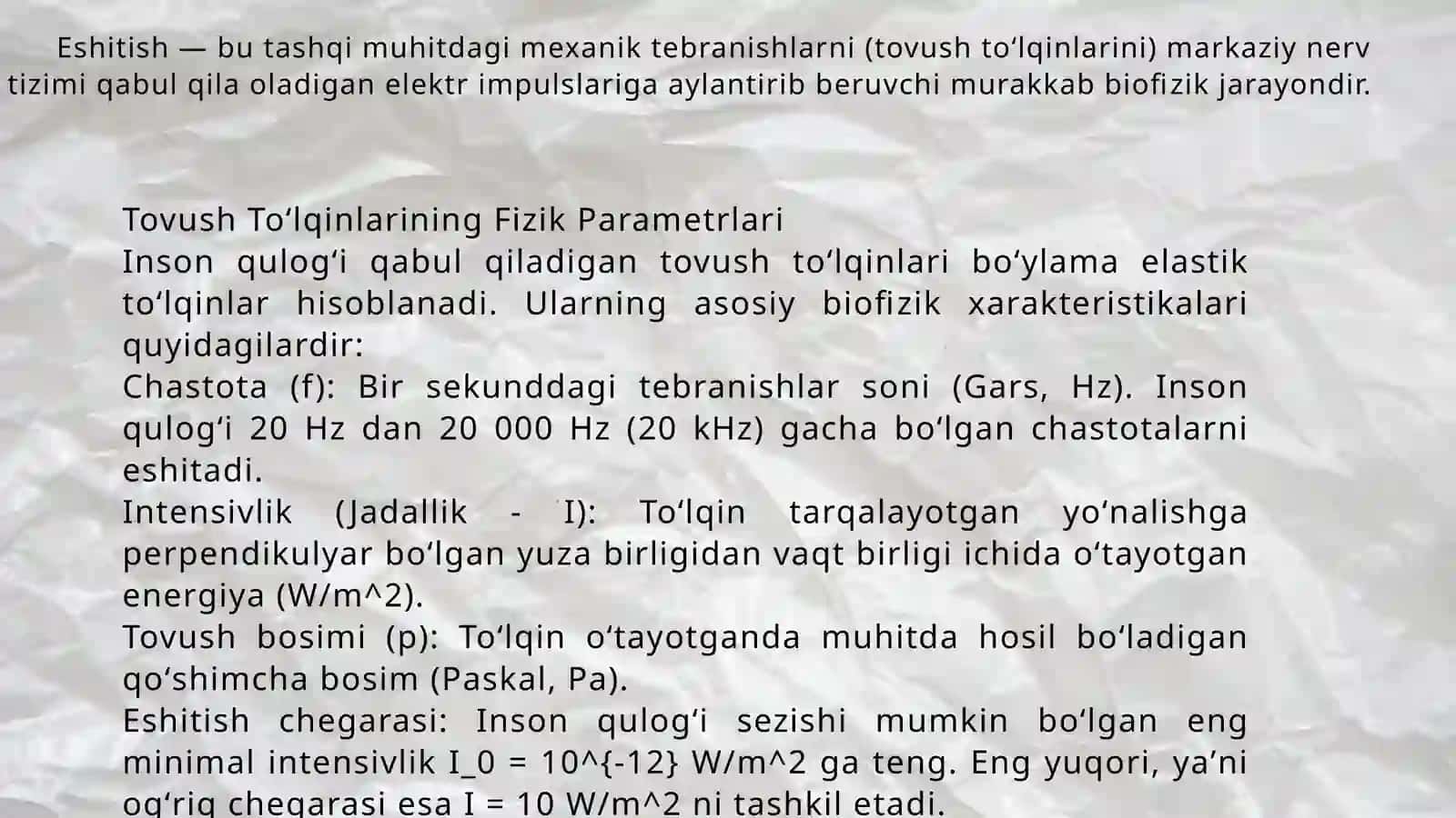 Eshitish biofizikasi elementlari. Ultratovush va uning stomatologiyada qoʻllanilishi 2