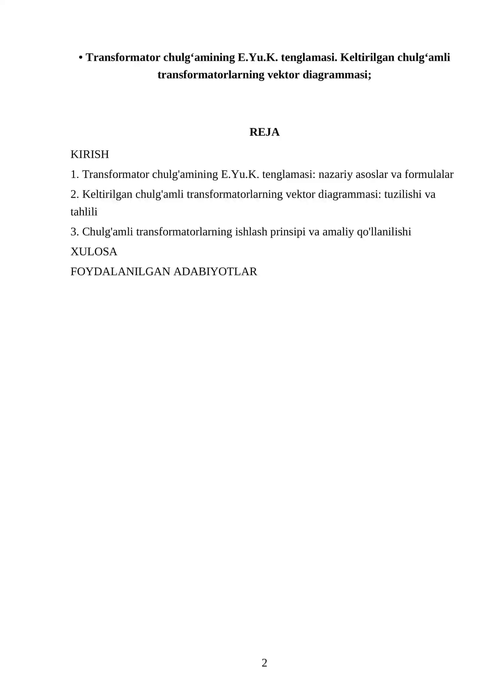 Transformator chulg'amining E.Yu.K. tenglamasi va keltirilgаn chulg'amli trаnsfоrmаtоrlаrning vektоr diаgrаmmаsi 2