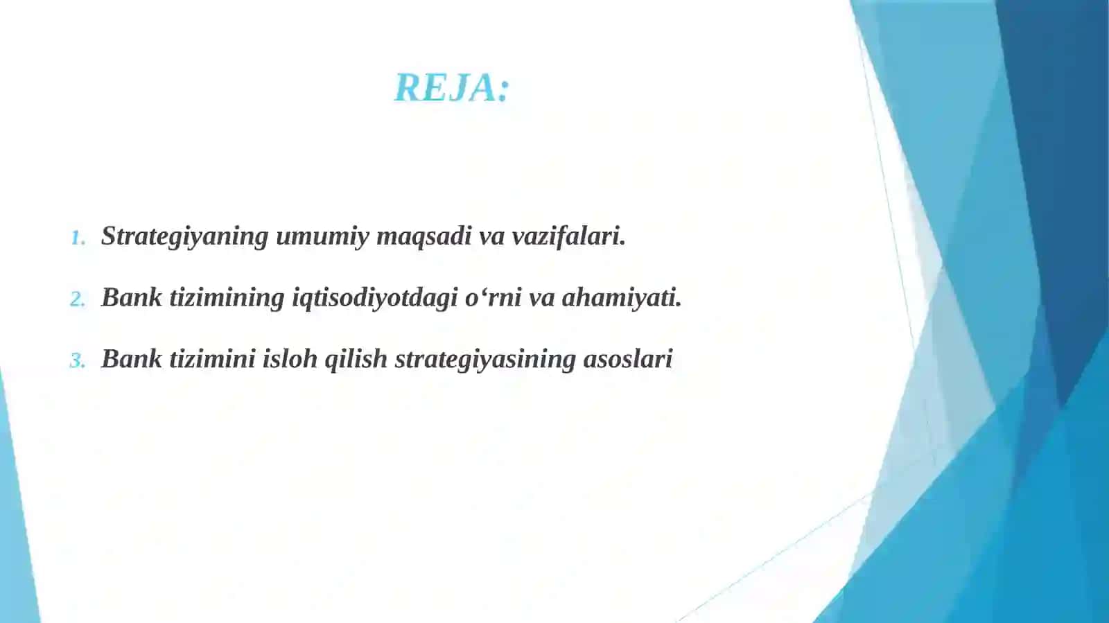 O’zbekiston Respublikasining bank tizimini isloh qilish strategiyasi va uning zaruratyi mazmuni va amalga oshirish yo’nalishlari 2