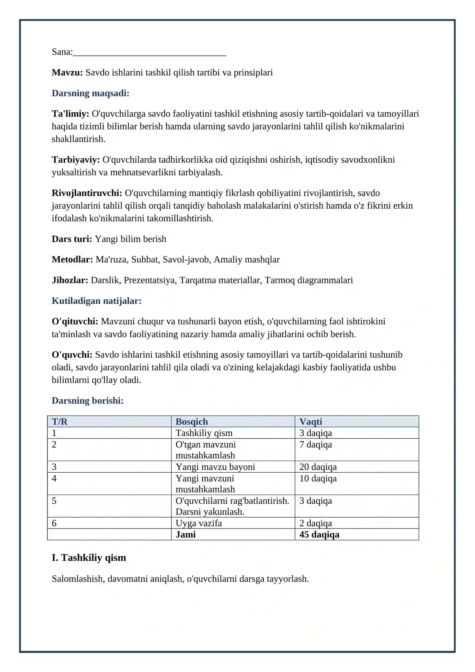 Lesson on Savdo ishlarini tashkil qilish tartibi va prinsiplari 2