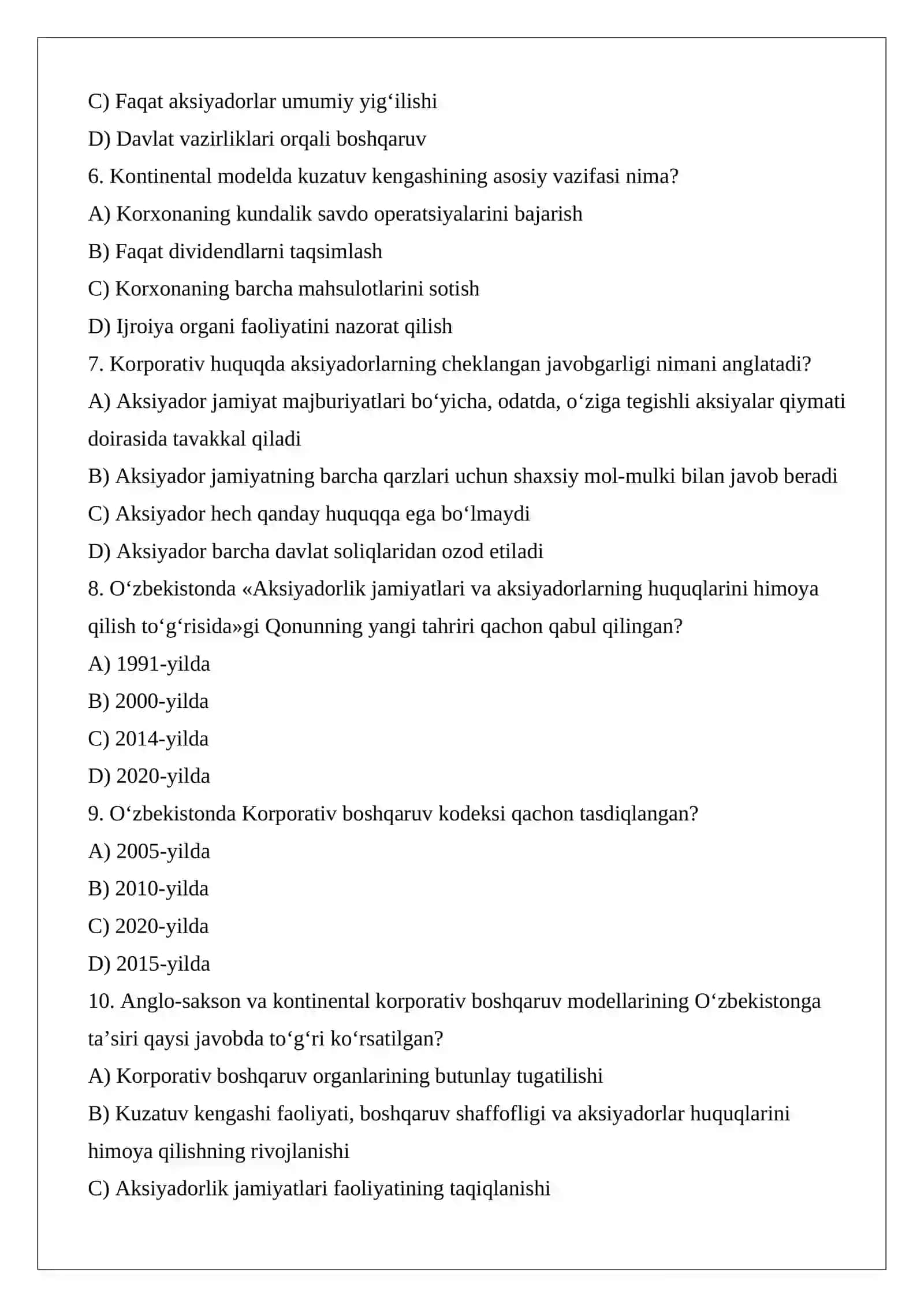 Korporativ tashkilotlarning tarixiy rivojlanishi va qiyosiy modellari kontinental hamda anglo-sakson yondashuvlarining O‘zbekiston korporativ boshqaruviga ta’siri test.docx 2