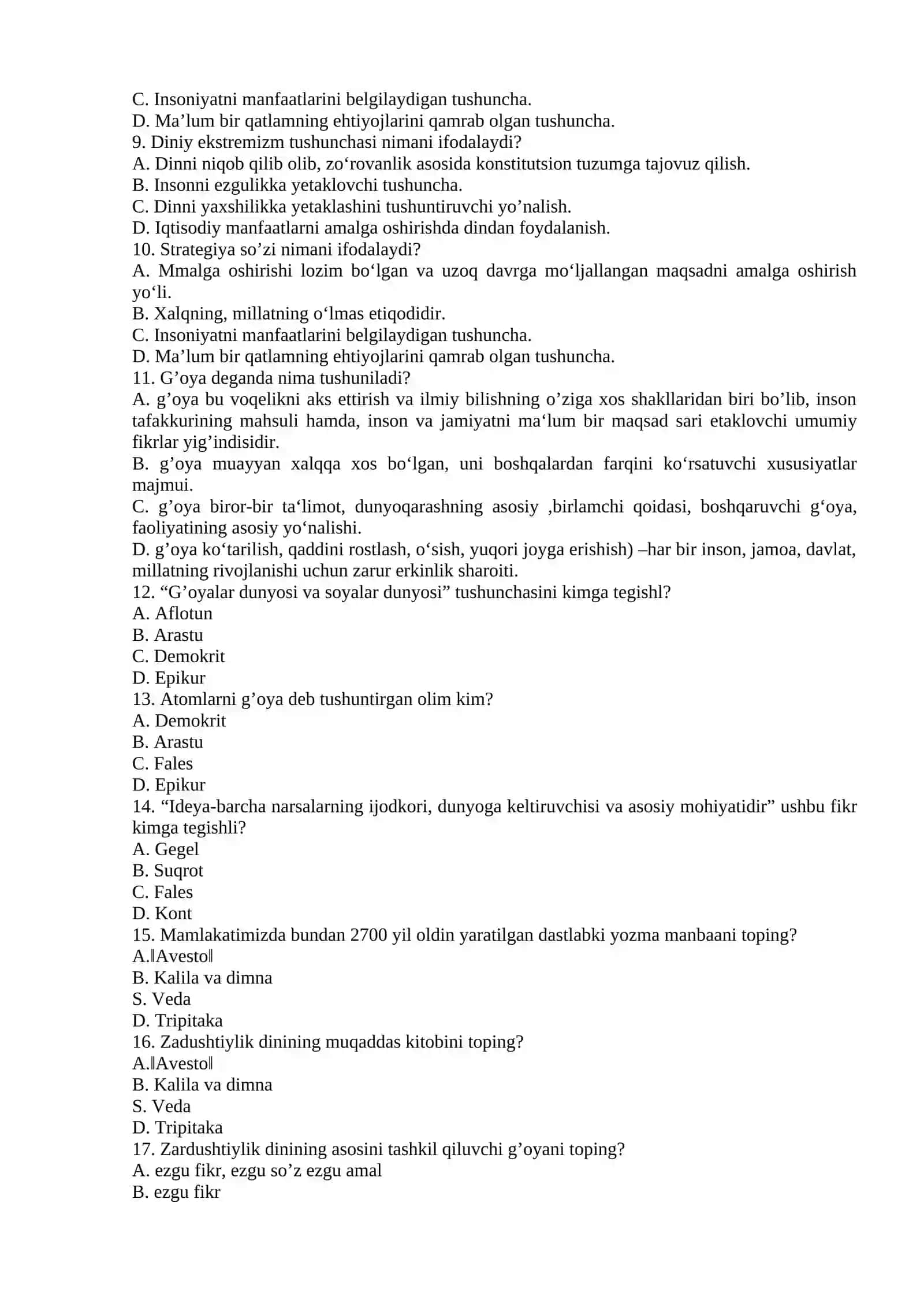 FAN YUZASIDAN TESTLAR 2