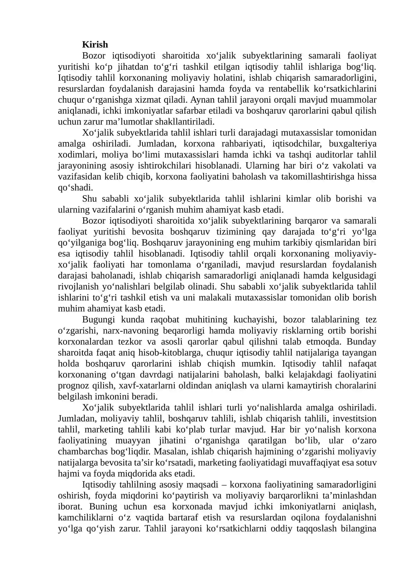 Xo‘jalik subyektlarida tahlil ishlarini kimlar olib borishadi 2