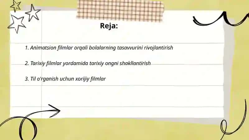Oʻquv ekranida namoyish etiladigan kinolentalar yordamida mashgʻulotlar tashkil etish. 2