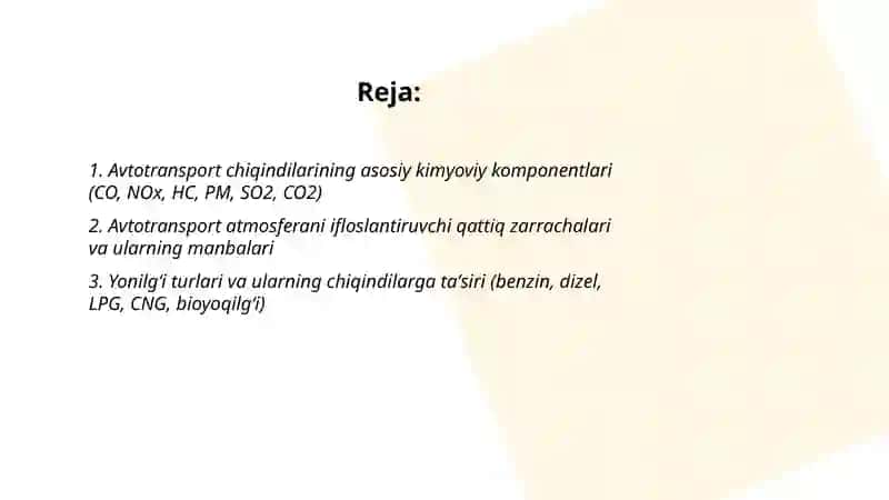 Avtotransport atmosfera havosini ifloslanishing asosiy manbaisi sifatida.Antropogen oʻzgrishlar siniflanishi va foʻrmalati. Atmosfera havosiga tushaayotgan chiqindilarni kamaytirish uchun qoʻllaniladigan texnik tadbirlar 2