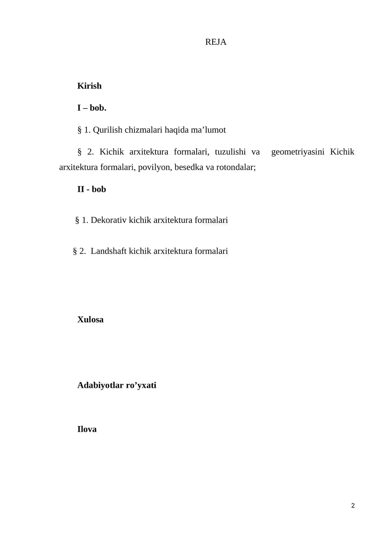 Kichik arxitektura formalari, tuzulishi va  geometriyasi. BITIRUV MALAKAVIY ISH 2
