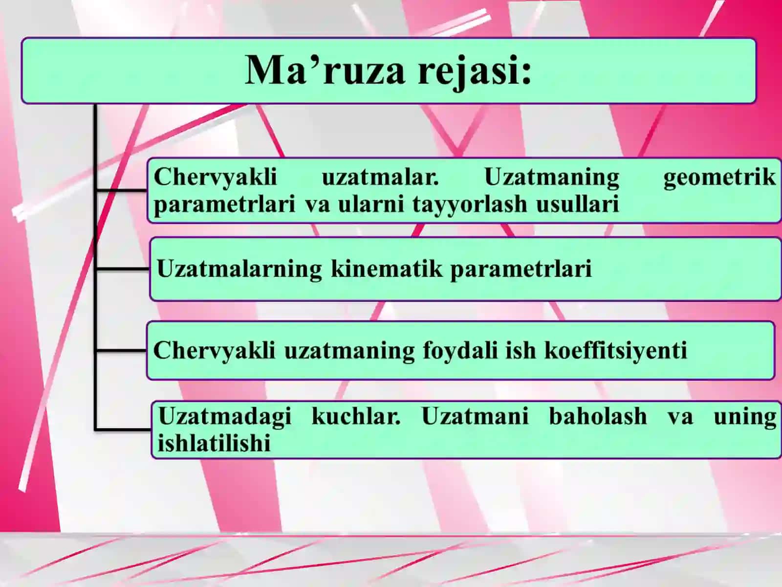 Chervyakli uzatmalar. Turlari, geometriyasi va kinematikasi. Uzatmaning foydali ish koeffitsienti. Chervyakli uzatmaga ta’sir qiladigan kuchlar 2