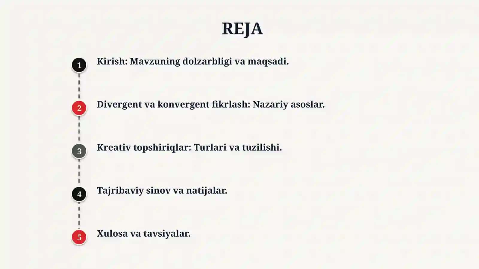 Dars mazmuniga mos divergent va konvergent fikrlashni rivojlantiruvchi kreativ topshiriqlar tizimini ishlab chiqish 2