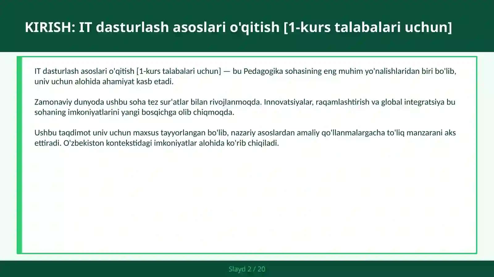 IT dasturlash asoslari o'qitish [1-kurs talabalari uchun] 2