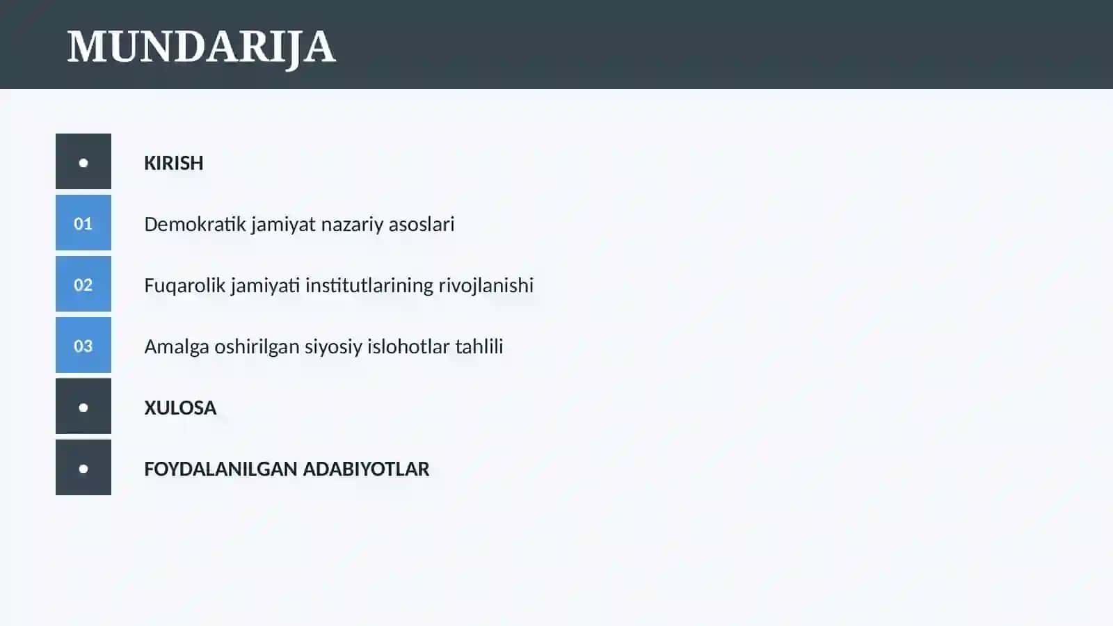 O’ZBEKISTONDA DEMOKRATIK, FUQAROLIK JAMIYATI ASOSLARINING SHAKLLANISHI, AMALGA OSHIRILGAN SIYOSIY ISLOHOTLAR 2