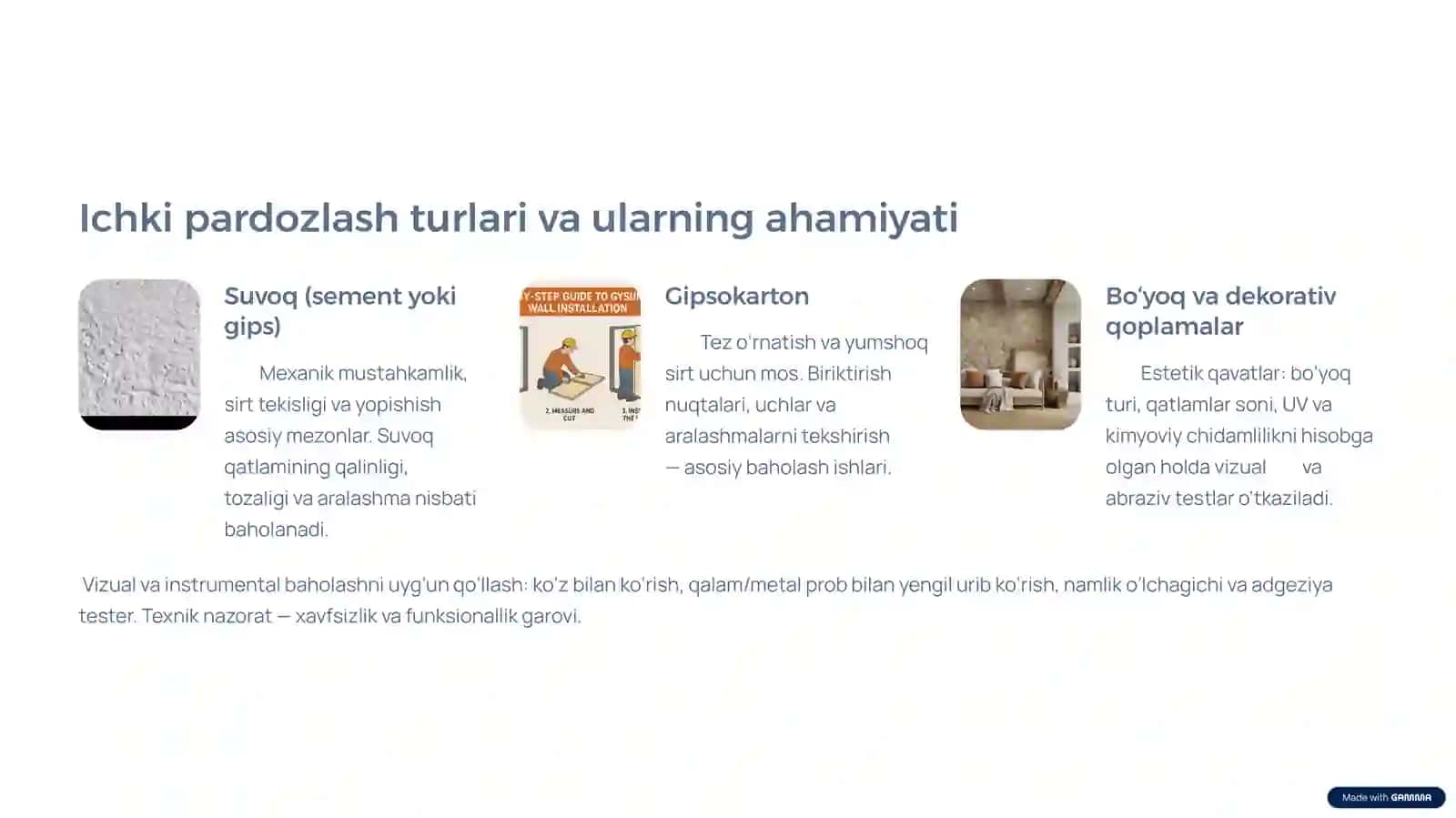 Ichki pardozlash elementlarining texnik holatini baholash.pptx 2