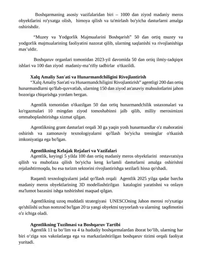 O'zbekiston Respublikasi Madaniy meros agentligi faoliyati bilan tanishish 2