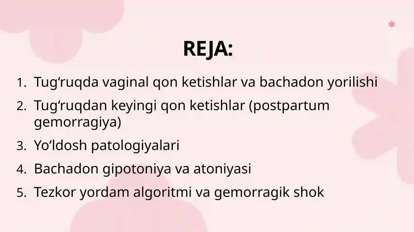 Tug‘ruqda va tug‘ruqdan keyingi qon ketishlar. Bachadon yorilishi. Gemorragik shok 2