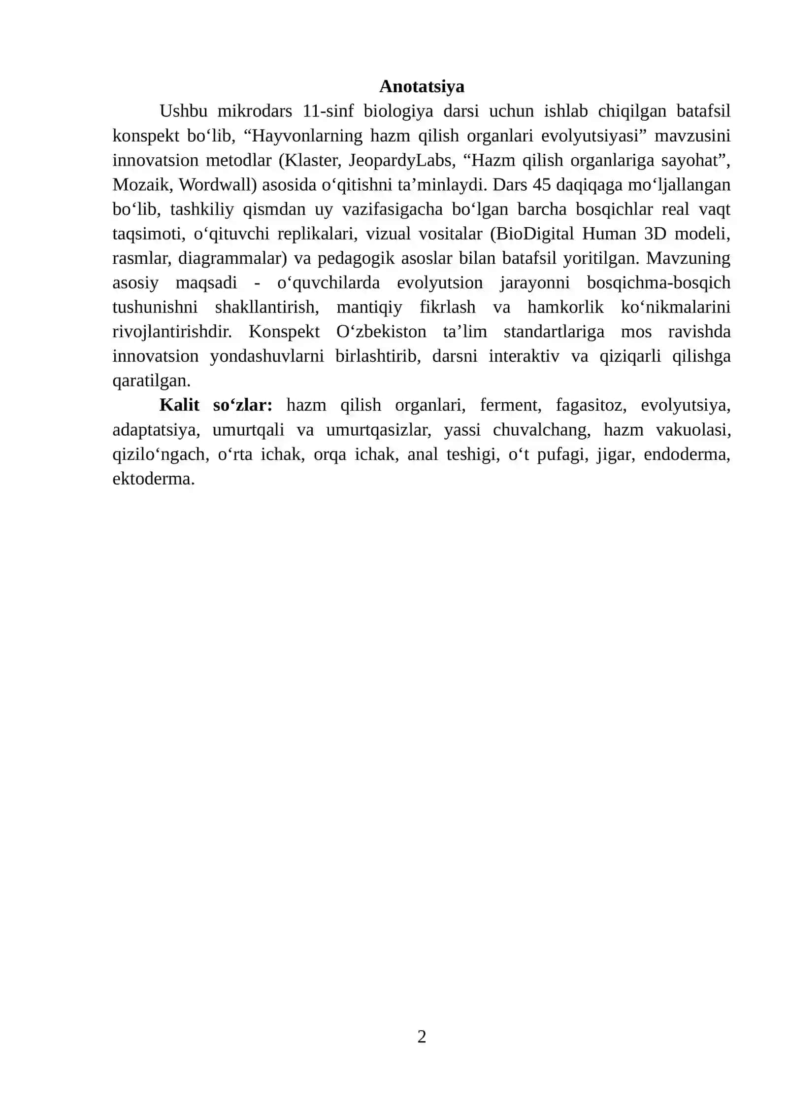 Hayvonlarning hazm qilish organlari evolyutsiyasi mavzusini o‘qitishda innovatsion metodlar.mikrodars ishlanmasi 2