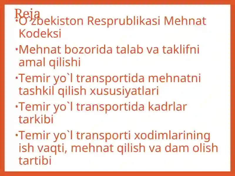 Temir yo`l trаnspоrtidа mеhnаtni tаshkilqilish va uning o`zigaxos hususiyatlari 2