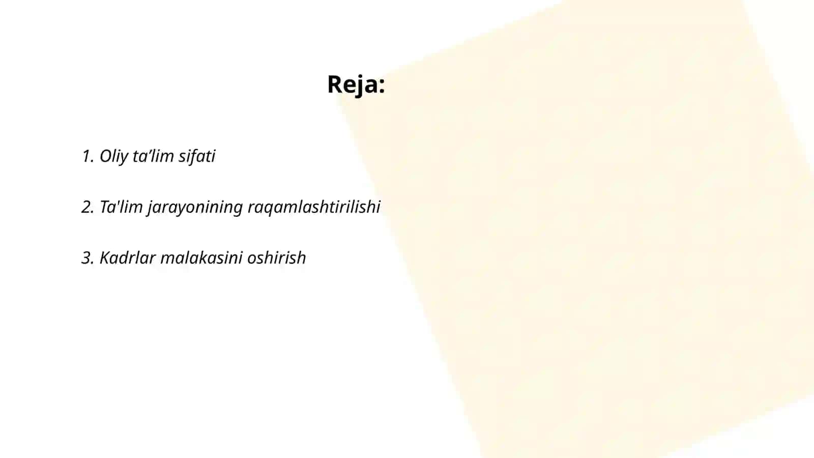 Oʻzbekiston Respublikasi Oliy Taʼlim tizimini 2030-yilgacha rivojlantirish Konsepsiyasini oʻrganish 2