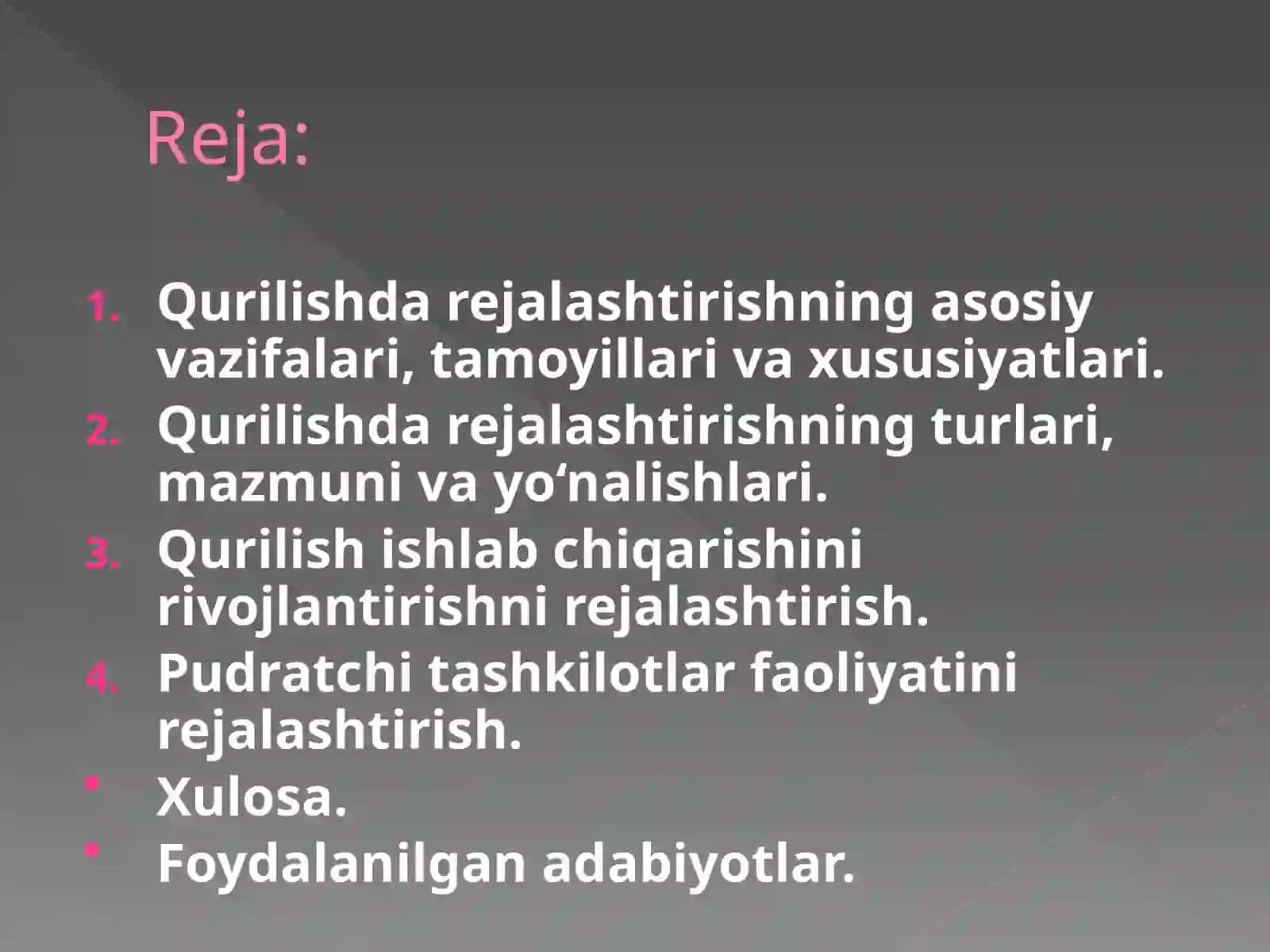Qurilish faoliyatini rejalashtirish asoslari 2