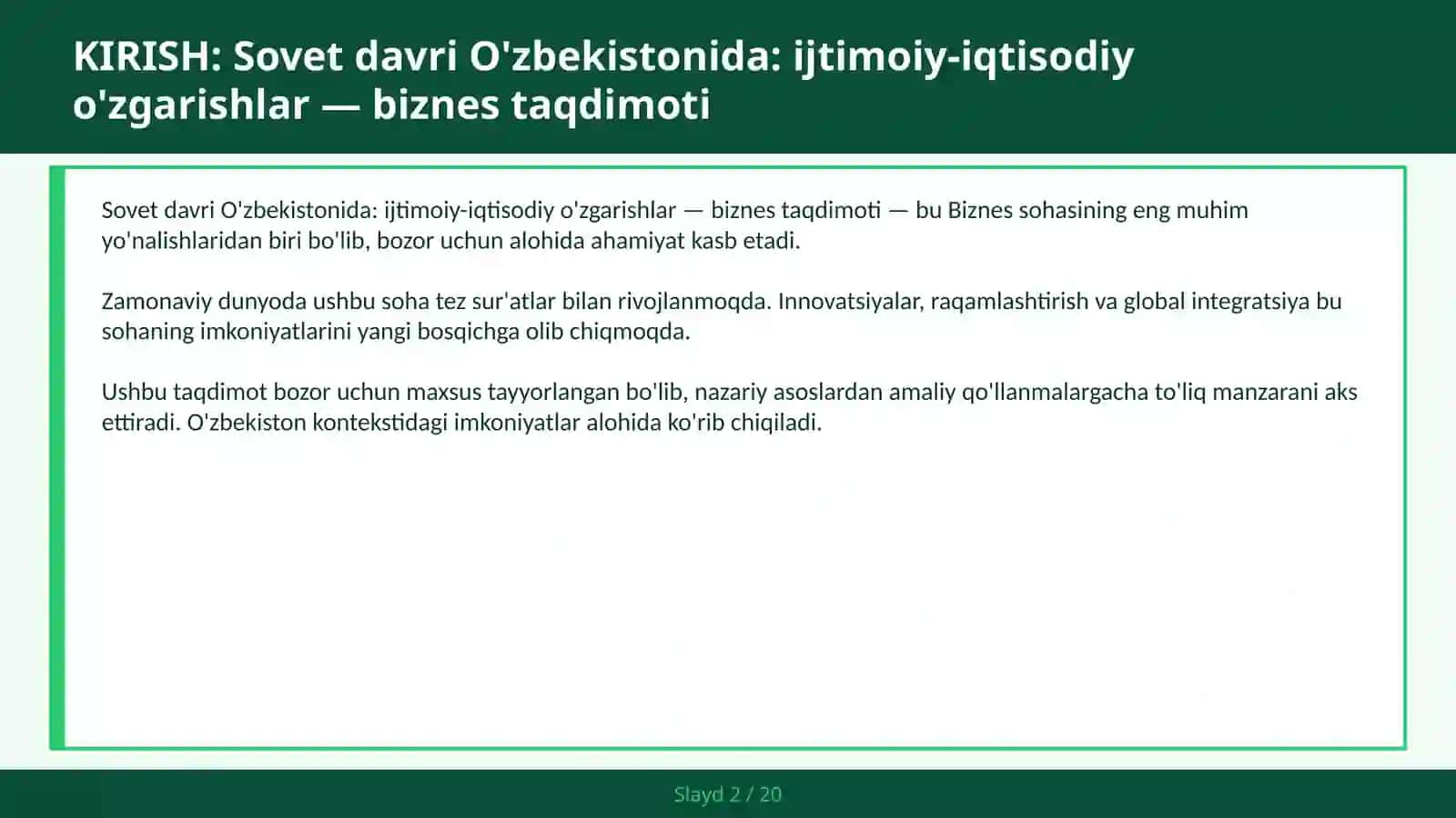 Sovet Davri O'zbekistonida: Ijtimoiy-iqtisodiy O'zgarishlar — Biznes Taqdimoti 2