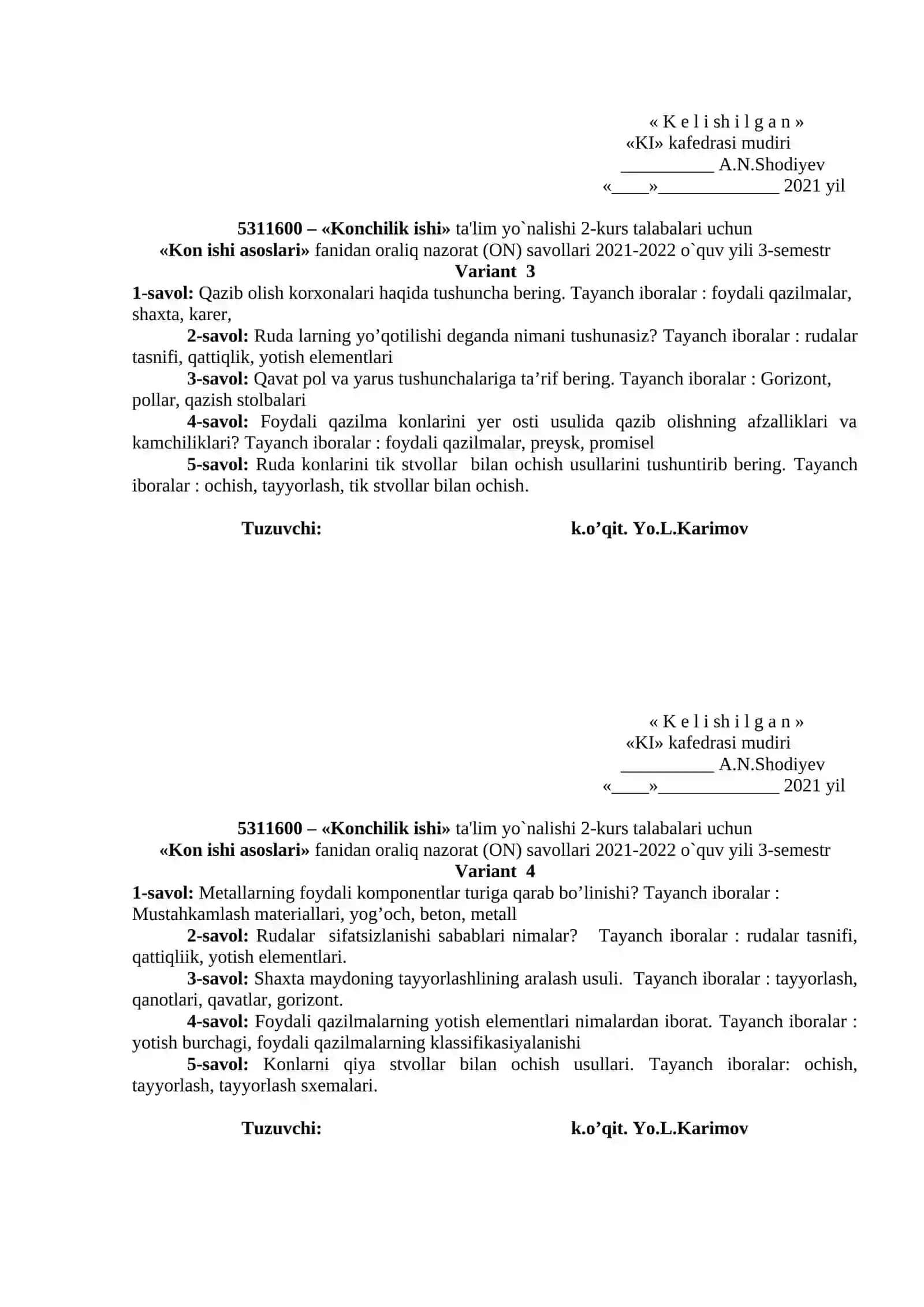 Kon ishi asoslari fanidan oraliq nazorat (ON) savollari 2