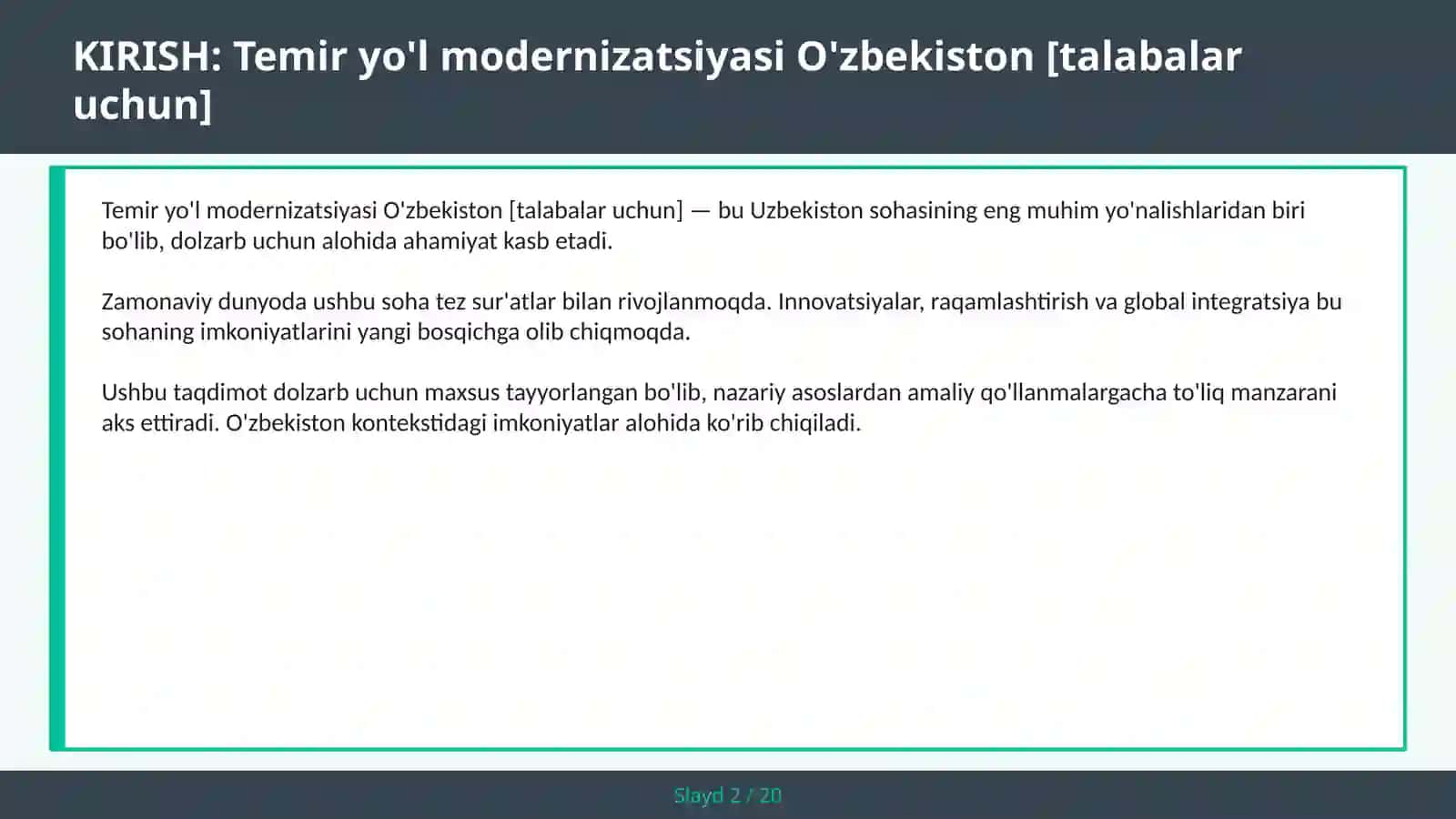 Temir yo'l modernizatsiyasi O'zbekiston [talabalar uchun] 2