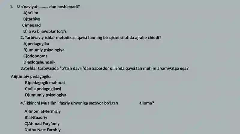 Tarbiyaviy ishlar metodikasi fanidan tuzgan testlar 2