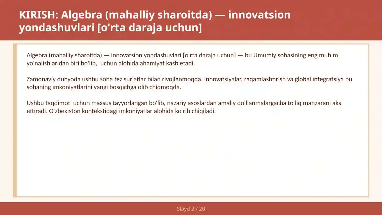 Algebra (mahalliy sharoitda) — innovatsion yondashuvlari [o'rta daraja uchun] 2