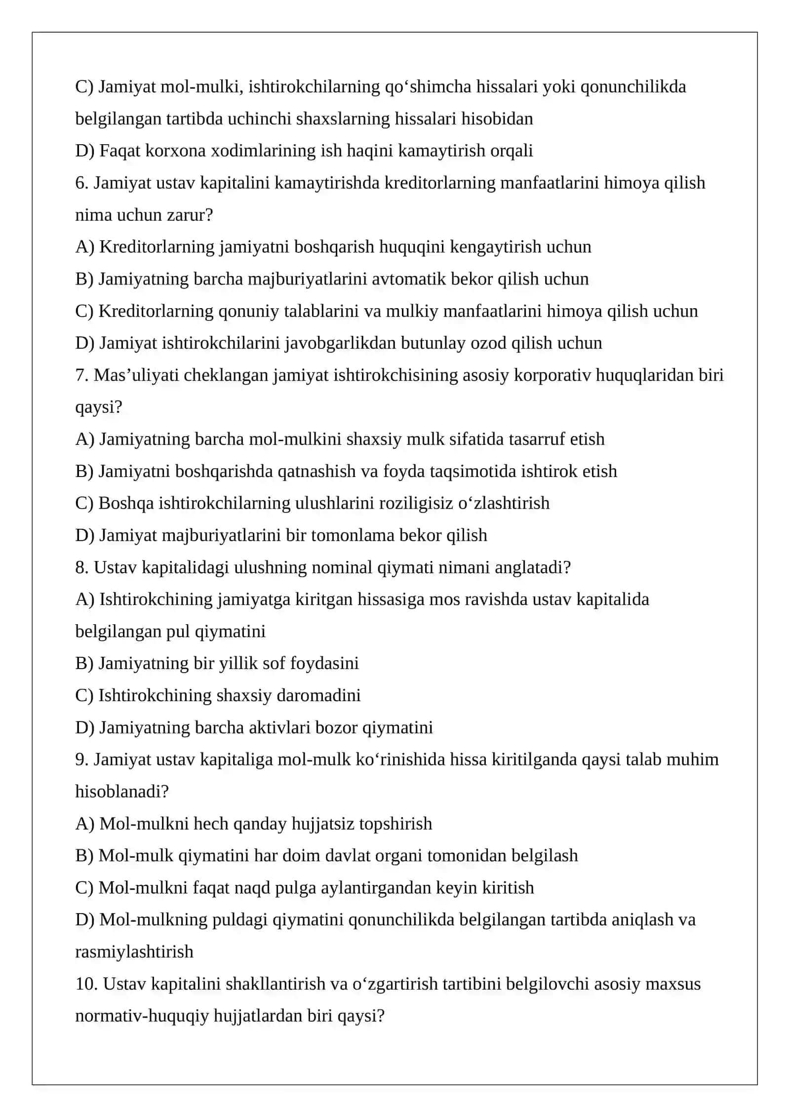 Ustav kapitalini shakllantirish va o‘zgartirish: pul va mol-mulk ko‘rinishidagi hissalar, ulushlarni baholash va ishtirokchilar huquqlari 2