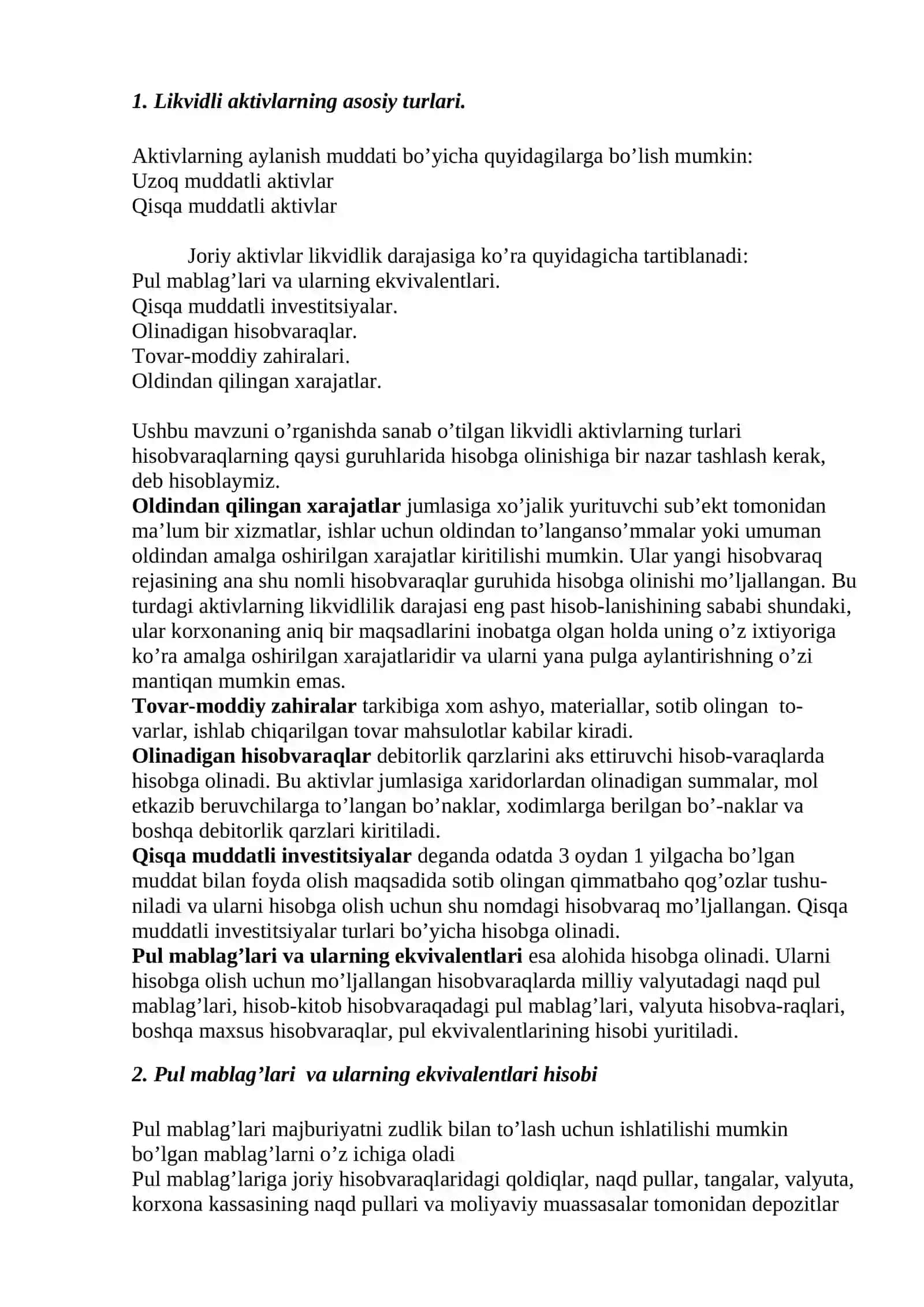 Pul mablag’lari va olinadigan hisobvaraqlar hisobi 2