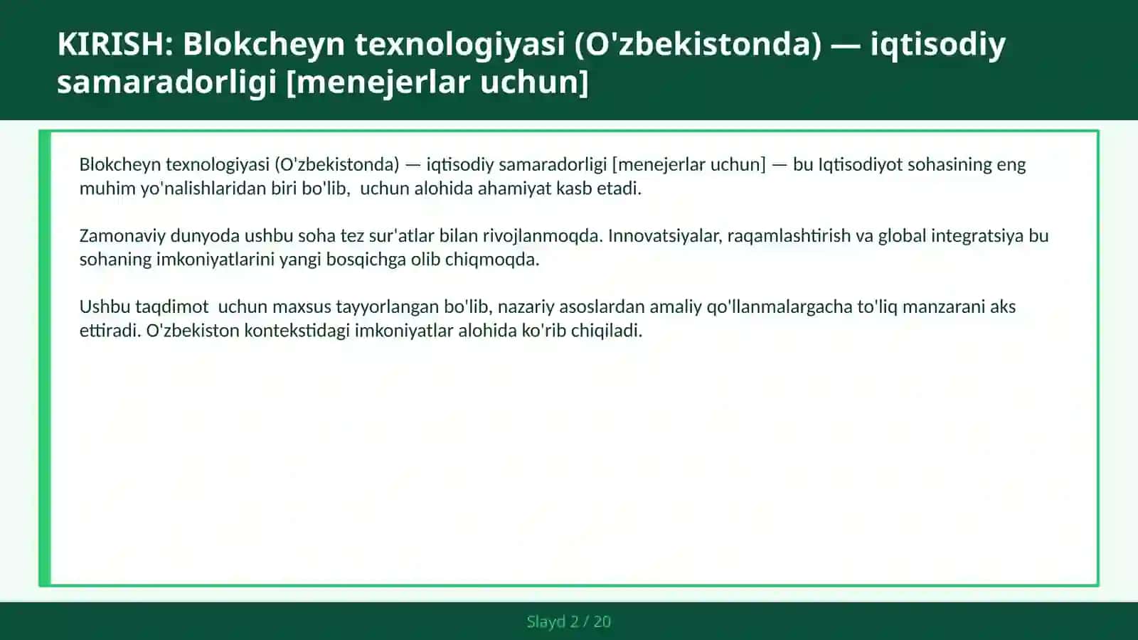 Blokcheyn texnologiyasi (O'zbekistonda) — iqtisodiy samaradorligi [menejerlar uchun] 2