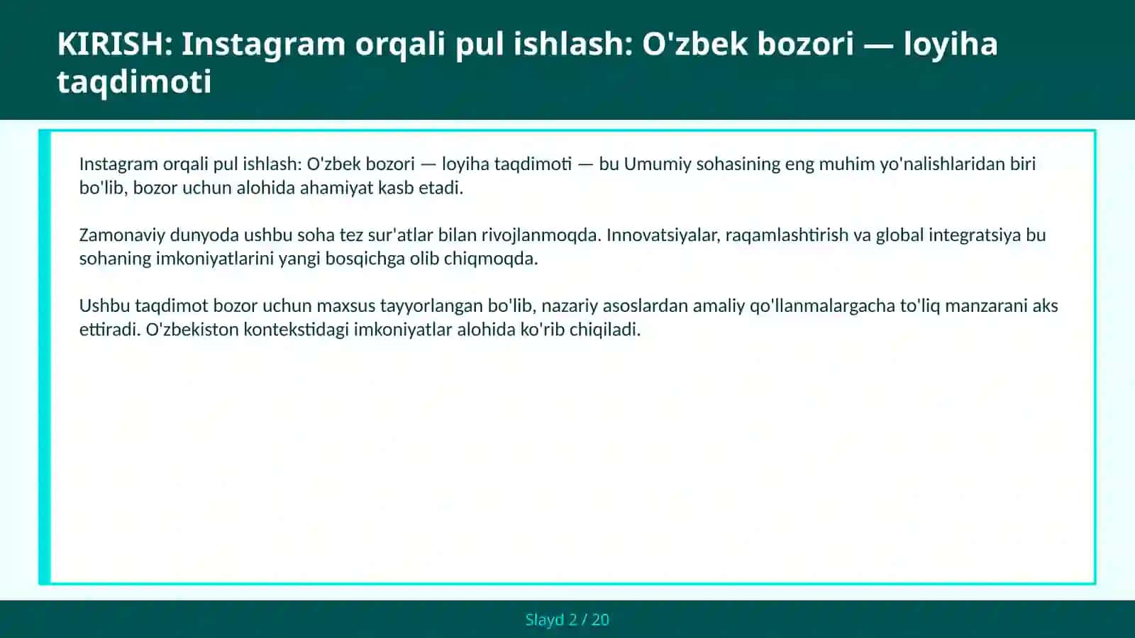 Instagram orqali pul ishlash: O'zbek bozori — loyiha taqdimoti 2