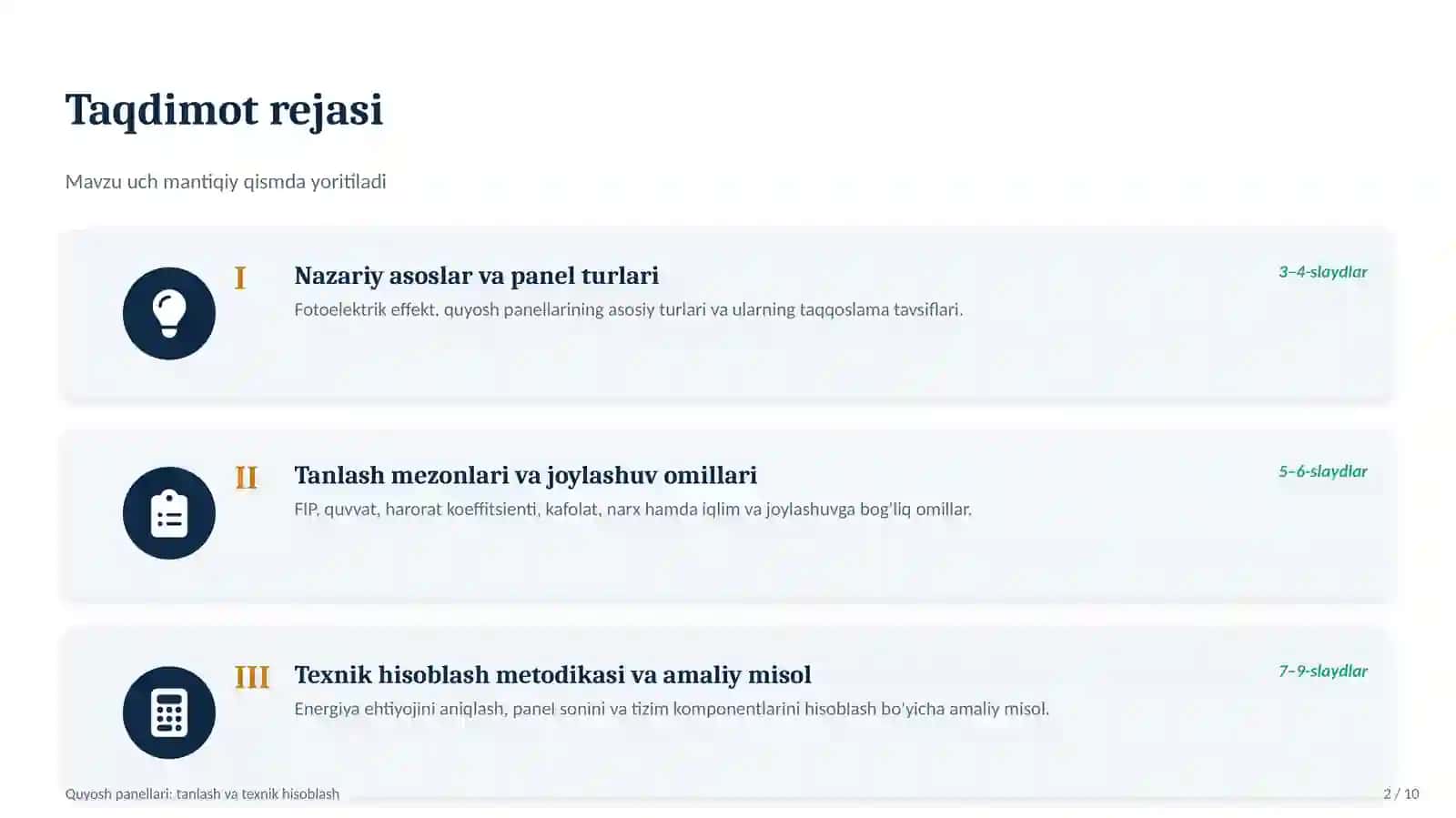 QUYOSH PANELLARINI TANLASH VA TEXNIK HISOBLASH 2
