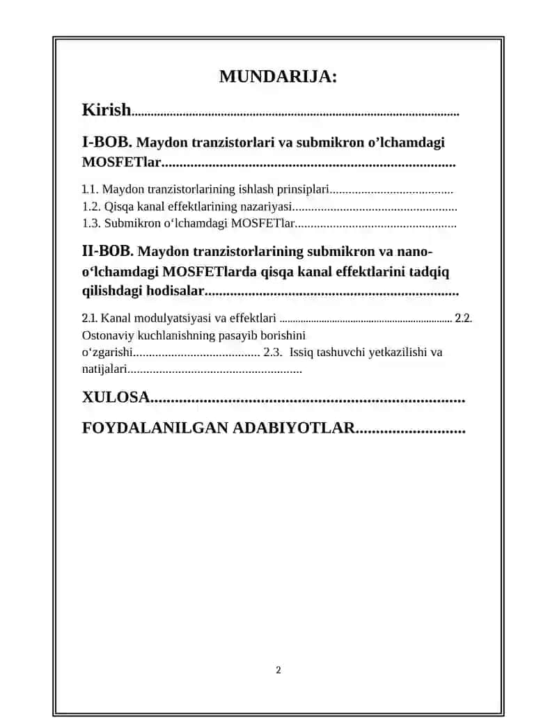 MAYDON TRANZISTORLARINING SUBMIKRON VA NANO-O‘LCHAMDAGI MOSFETLARDA QISQA KANAL EFFEKTLARINI TADQIQ QILISH 2