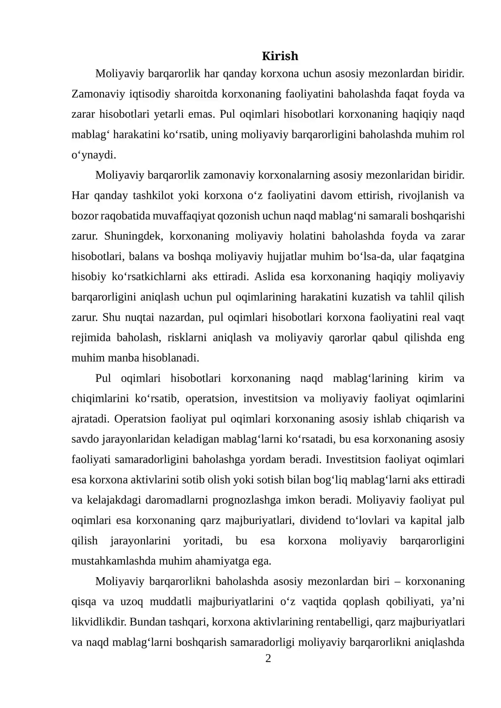 PUL OQIMLARI TO‘G‘RISIDAGI HISOBOTNING KORXONA MOLIYAVIY BARQARORLIGINI BAHOLASHDAGI AHAMIYATI VA TAHLILIY YONDASHUVLAR 2