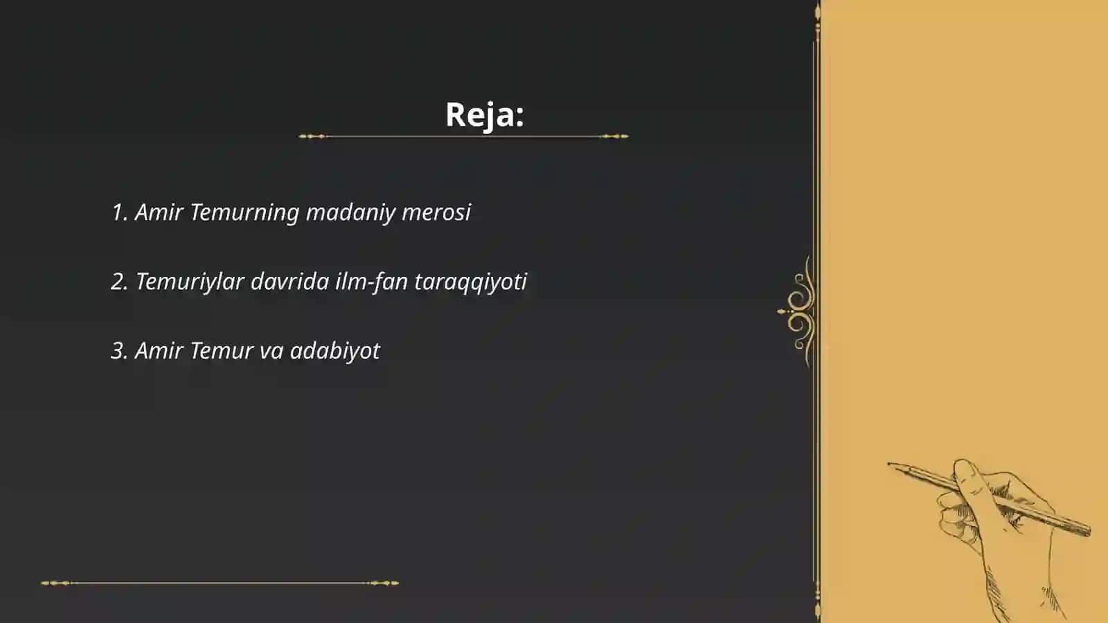 Temuriylar davrida ma’naviy-ma’rifiy yuksalish A.Temur, M.Ulug‘bek, A.Navoi, Z.M.Boburlarning ma’naviy-ma’rifiy g‘oyalari tahlil qilinib prizentatsiya tayyorlash 2