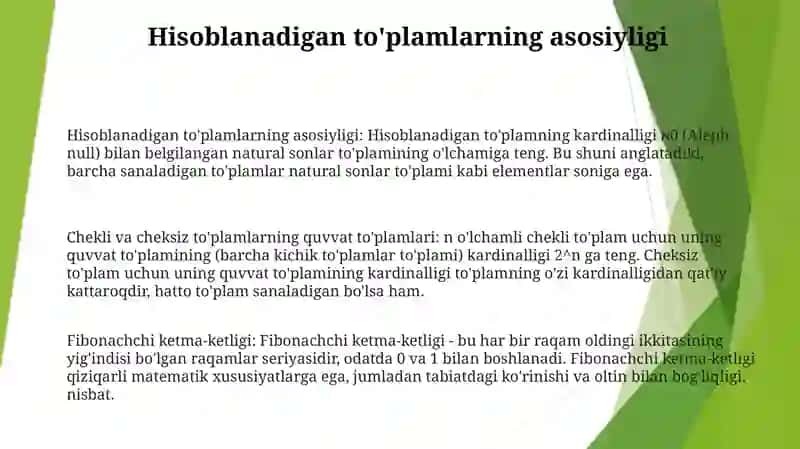 Toplam Quvvati Sanoqli Va Sanoqsiz To'Plamlar E Soni Haqida Va Fibonachchi Sonlar 2