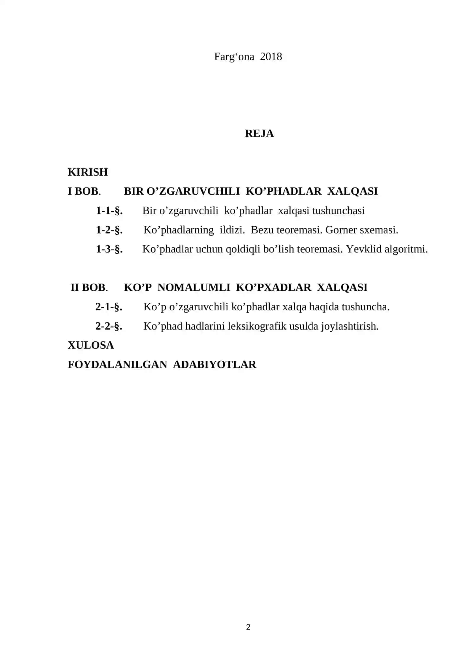 "Ko’p o’zgarivchili ko’phadlar xalqasi" KURS ISHI 2