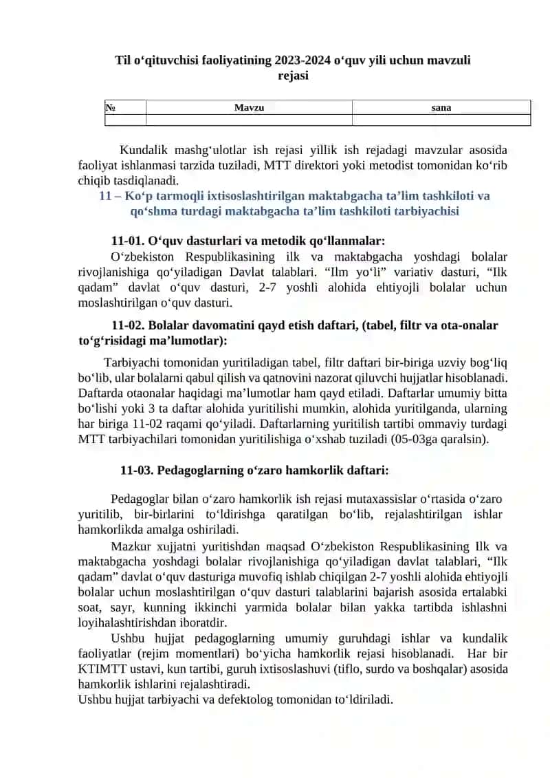 MAKTABGACHA TA'LIM TASHKILOTLARIDA ISH HUJJATLARI YURITISHI 10 DAVLAT MAKTABGACHA TA'LIM TASHKILOTI O'QITUVCHINING ISH HUJJATLARI 2